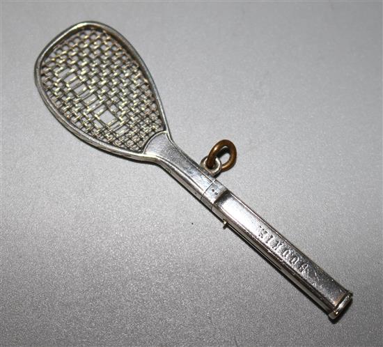 A late Victorian novelty silver propelling pencil modelled as a tennis racket by W. Thornhill & Co, 3.25in.